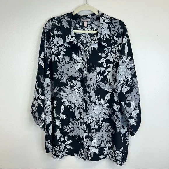 Floral Dark Romantic Button Up Black Gray Top Plus Size 3X Goth Whimsigoth Work - Picture 2 of 12
